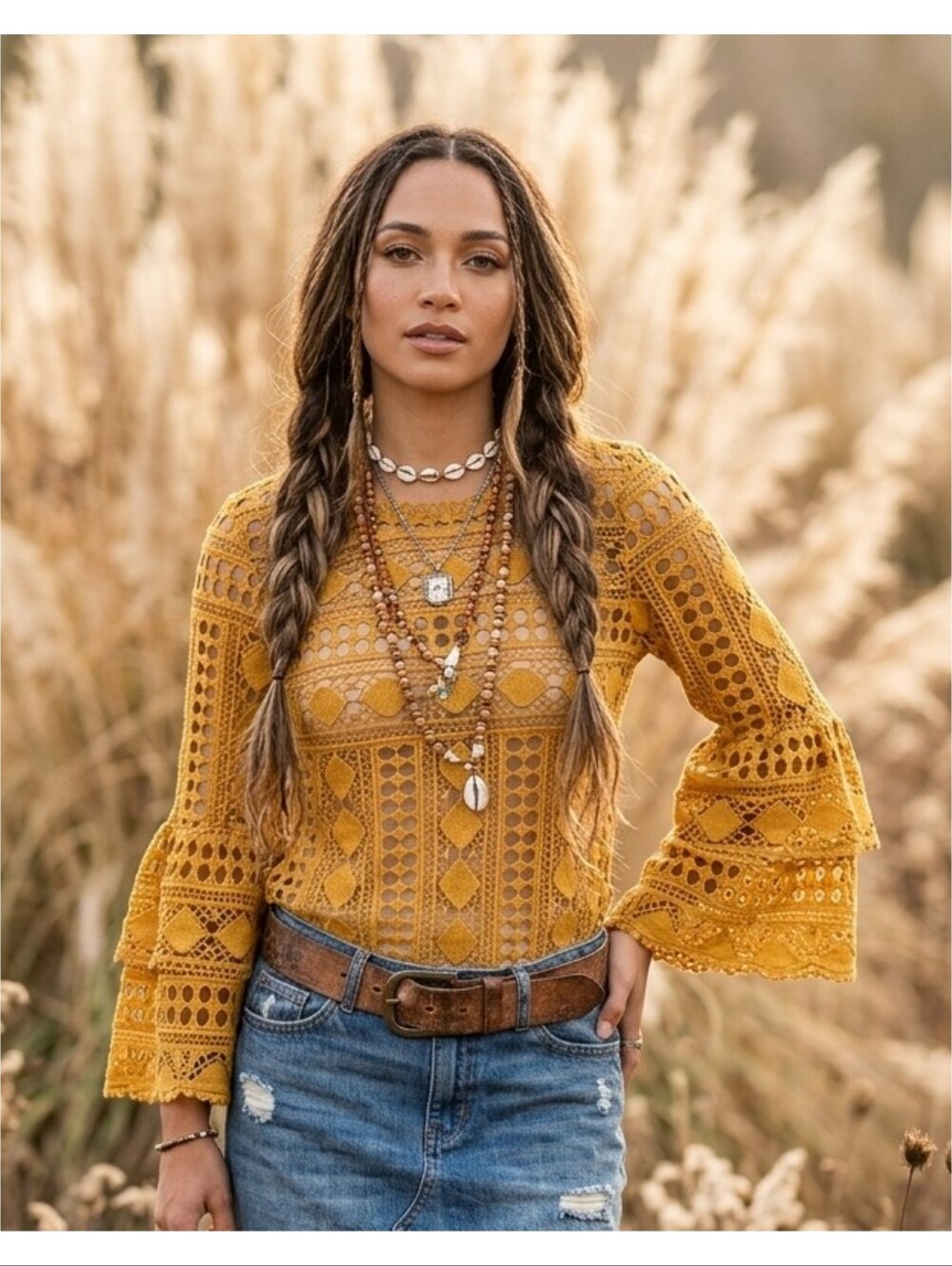 Art & Ephect Boho Bell Sleeve Top Golden Yellow Size S